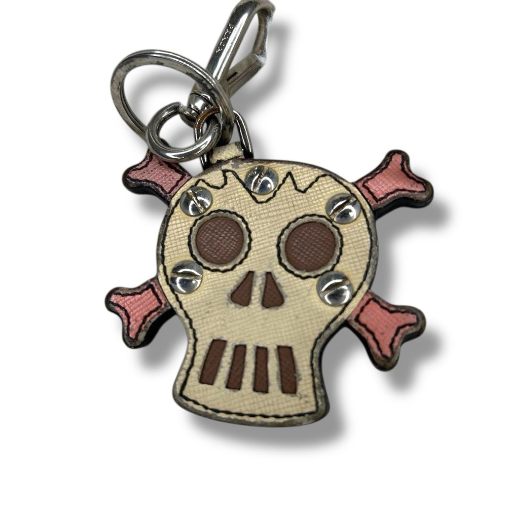 PRADA Saffiano Leather Skull and Crossbones Keychain RARE COLLECTIBLE LUXURY